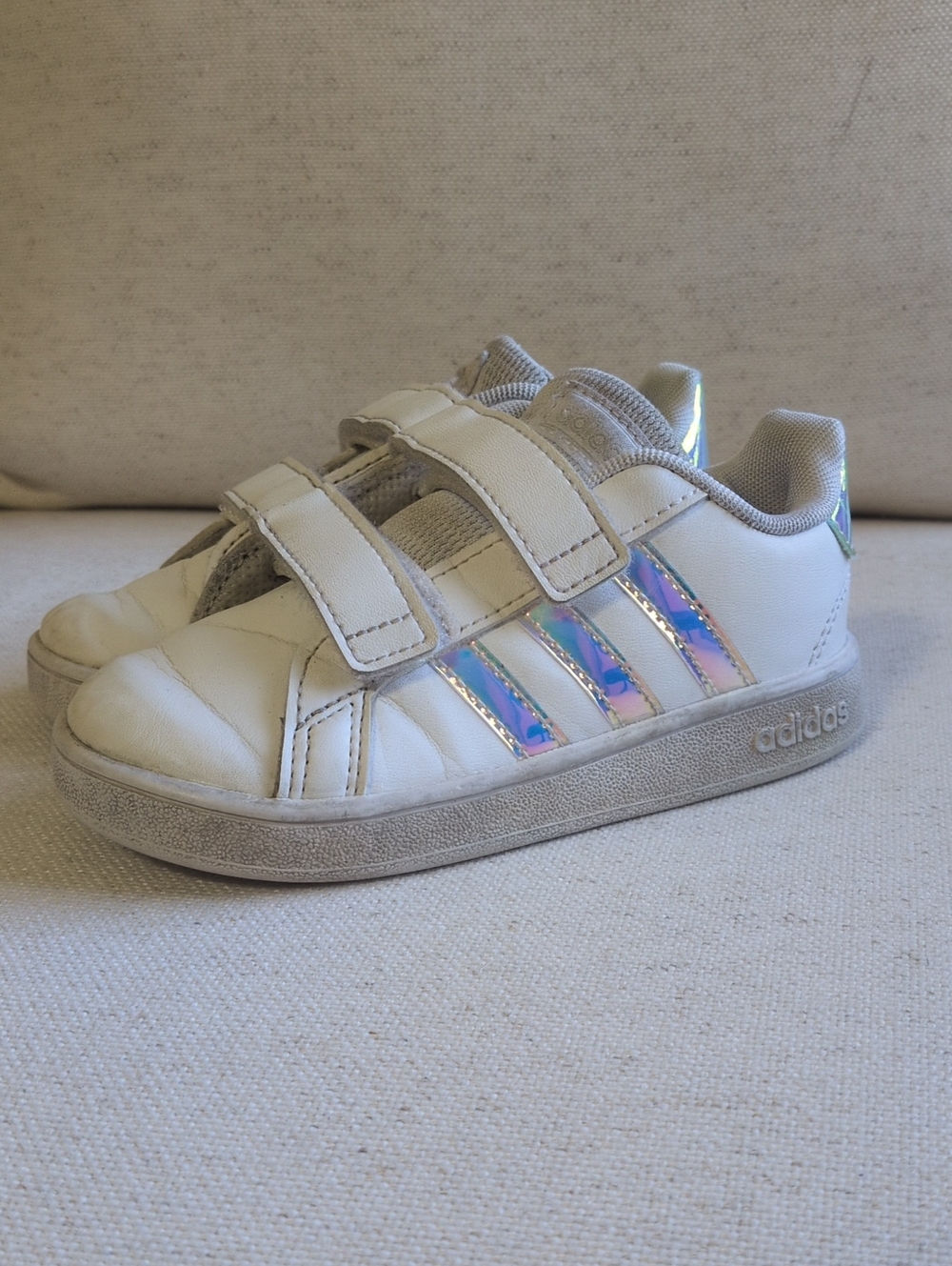 Adidas Kids White Sneakers with Iridescent Stripes